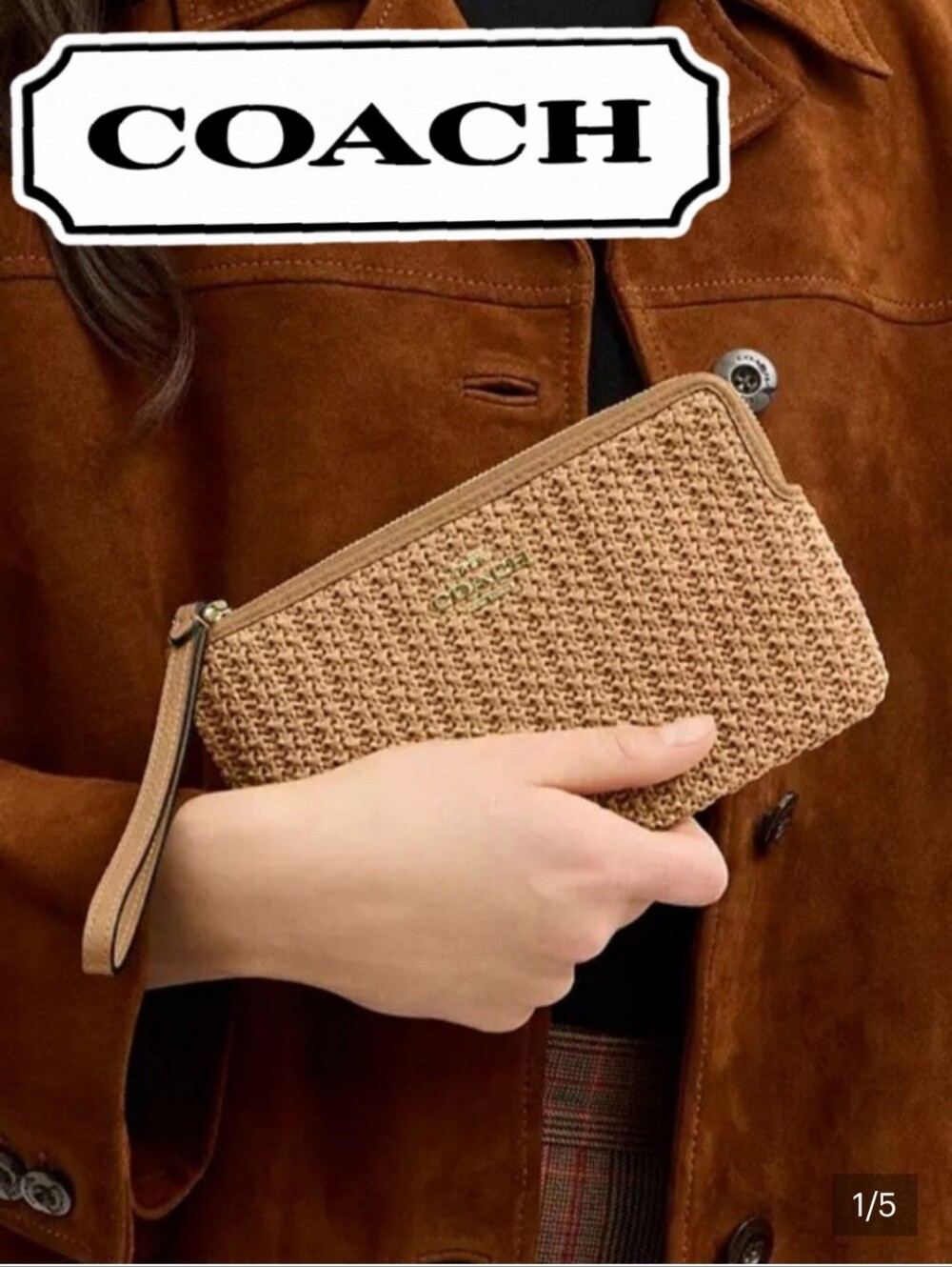 COACH Straw Zip Wristlet In Toast W/Gold Hardware, Leather Strap, Large, NEW!